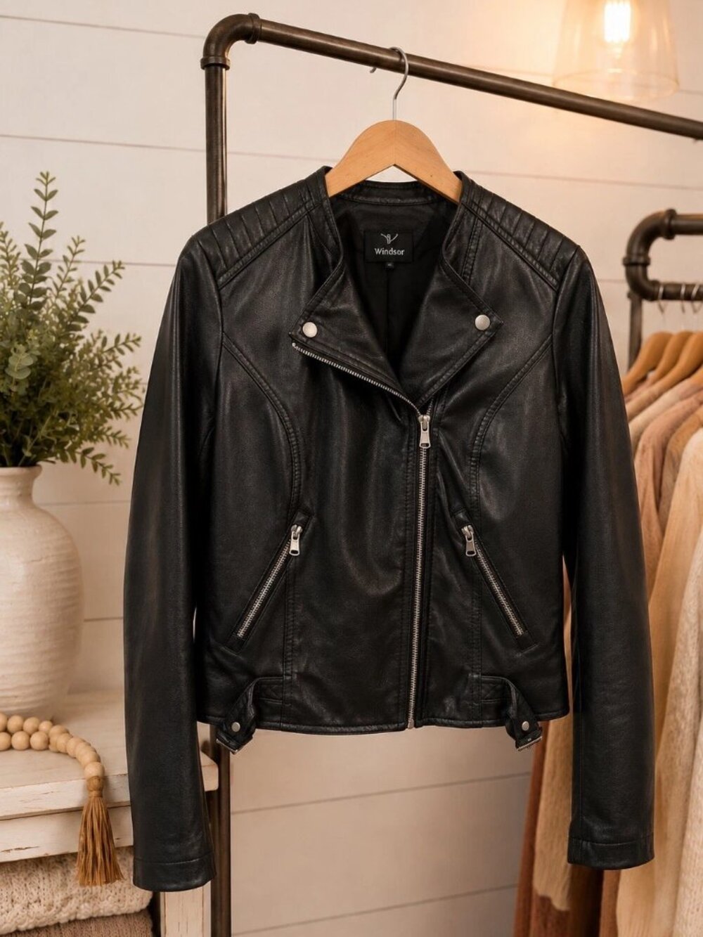 Windsor Women’s Black Faux Leather Moto Biker Jacket
